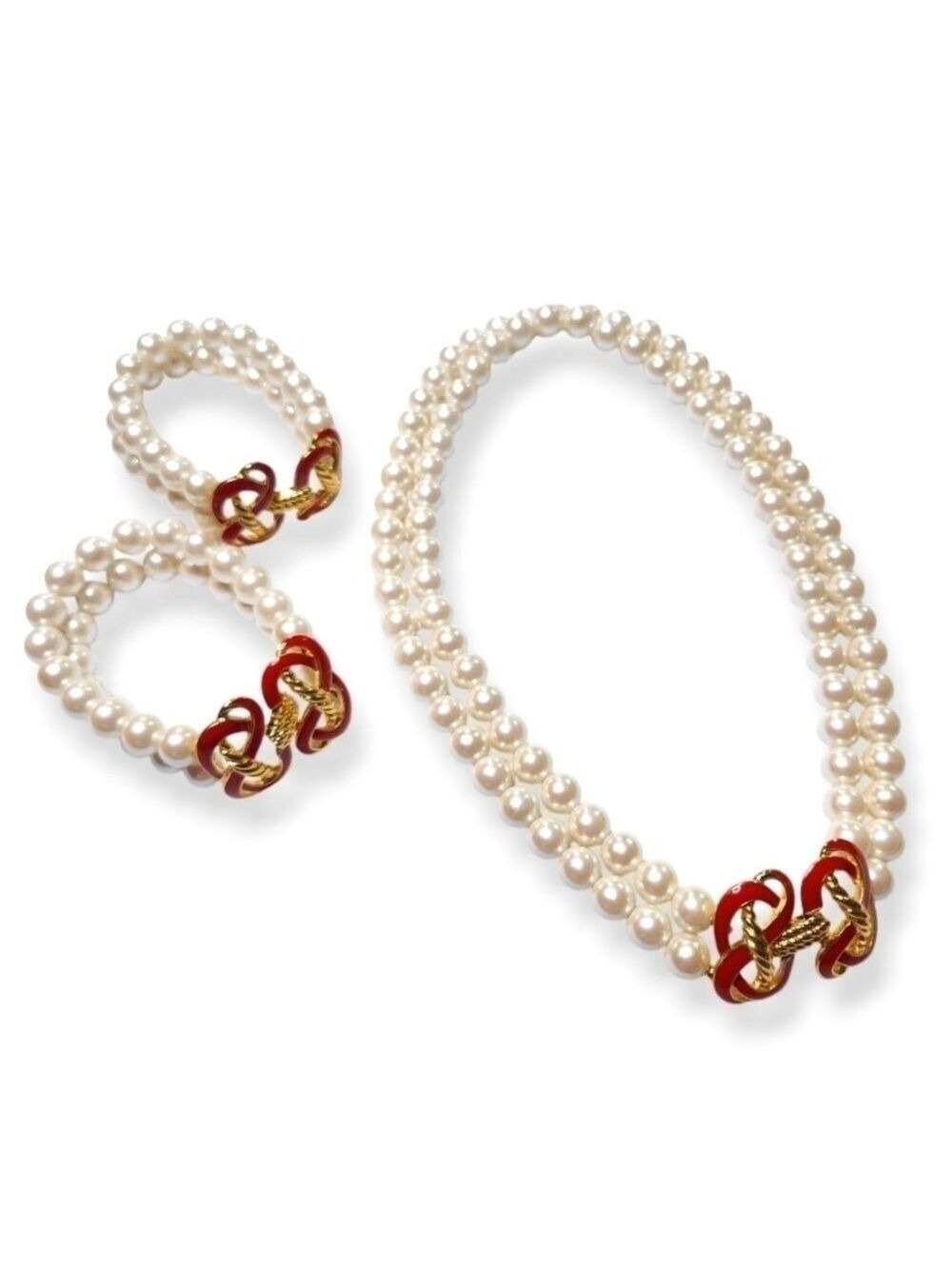 Vintage Trifari 3 Piece Pearl Goldtone Red Enamel Necklece and Bracelets.